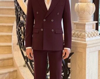 Luxury Velvet Maroon Double-Breasted Suit for Men | Designer Formal Wear, Groom & Groomsmen Outfit, Tailored Wedding Suit – Gift for Him.