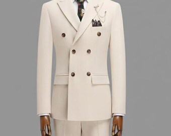 Beige Double-Breasted Suit for Men | Peaked Lapel Business & Wedding Attire, Polyester Blend, Tailored Set – Perfect Gift for Him.