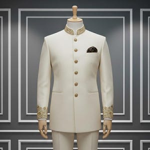 May include: Cream-coloured suit with a mandarin collar and gold embroidered detailing. The suit includes a tailored jacket with gold buttons and a pocket square, plus matching trousers. The sleeves and collar have detailed gold embroidery. A formal outfit.