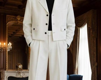 African Men's Off-White Suit Set | Contemporary Cropped Blazer Pants |  Slim fit wear | Designer Formal & Party Wear Outfit | Gift for Him.