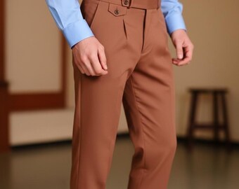 Men’s Brown Pleated Trousers – Relaxed Fit Straight Leg Pants, Smart Casual Slacks, Minimalist Urban Streetwear Bottoms, Gift For Men.