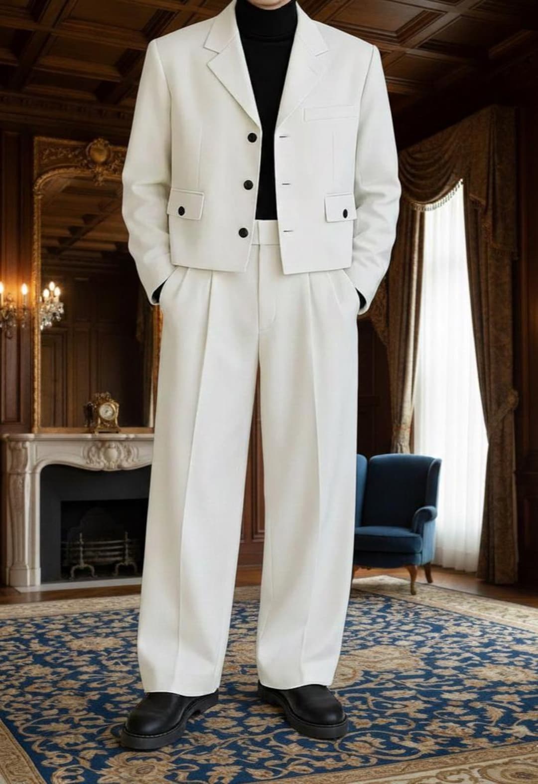 African Men's Off-white Suit Set | Contemporary Cropped Blazer Pants ...