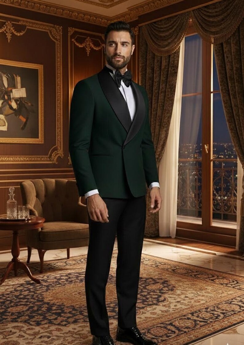 May include: A dark green tuxedo jacket with black lapels and a black bow tie. The jacket is paired with black trousers and a white dress shirt. The man is standing in a room with ornate decor, a patterned rug, and a city view through a window.