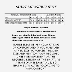 May include: A white chart with black text detailing shirt measurements in inches. The chart includes sizes XS to 7XL, actual body chest sizes, and shirt chest sizes with loose fitting. The text also provides fitting instructions.