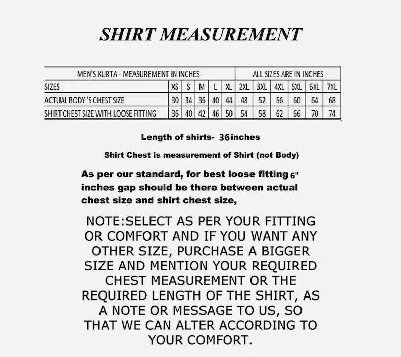 May include: A white chart with black text detailing shirt measurements in inches. The chart includes sizes XS to 7XL, actual body chest sizes, and shirt chest sizes with loose fitting. The text also provides fitting instructions.