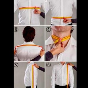 May include: Six images showing how to measure for a shirt. A person in a white shirt is being measured with a yellow and red tape measure. Measurements include chest, waist, back, neck, sleeve length, and shoulder width.