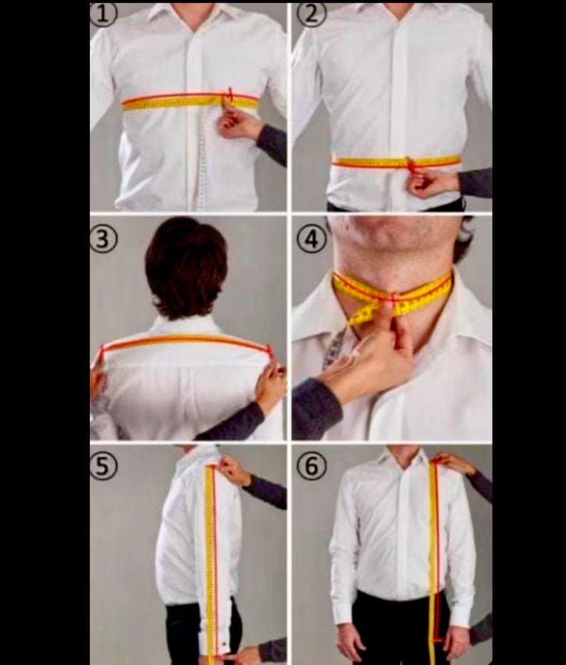 May include: Six images showing how to measure for a shirt. A person in a white shirt is being measured with a yellow and red tape measure. Measurements include chest, waist, back, neck, sleeve length, and shoulder width.