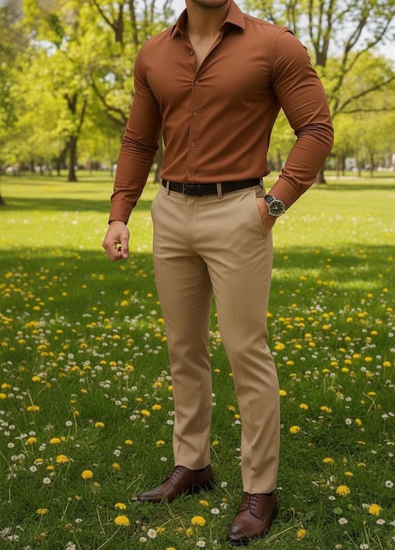 brown dress shirt what color pants Premium & Beige Pant – Smart Casual Formal Look, Tailored Fit Two Piece Set, Modern Elegant Menswear | Perfect Gift for Him Colour:Choc Brown/Blue chest pocket YGroup_Arabelladress Lady Black Tie -