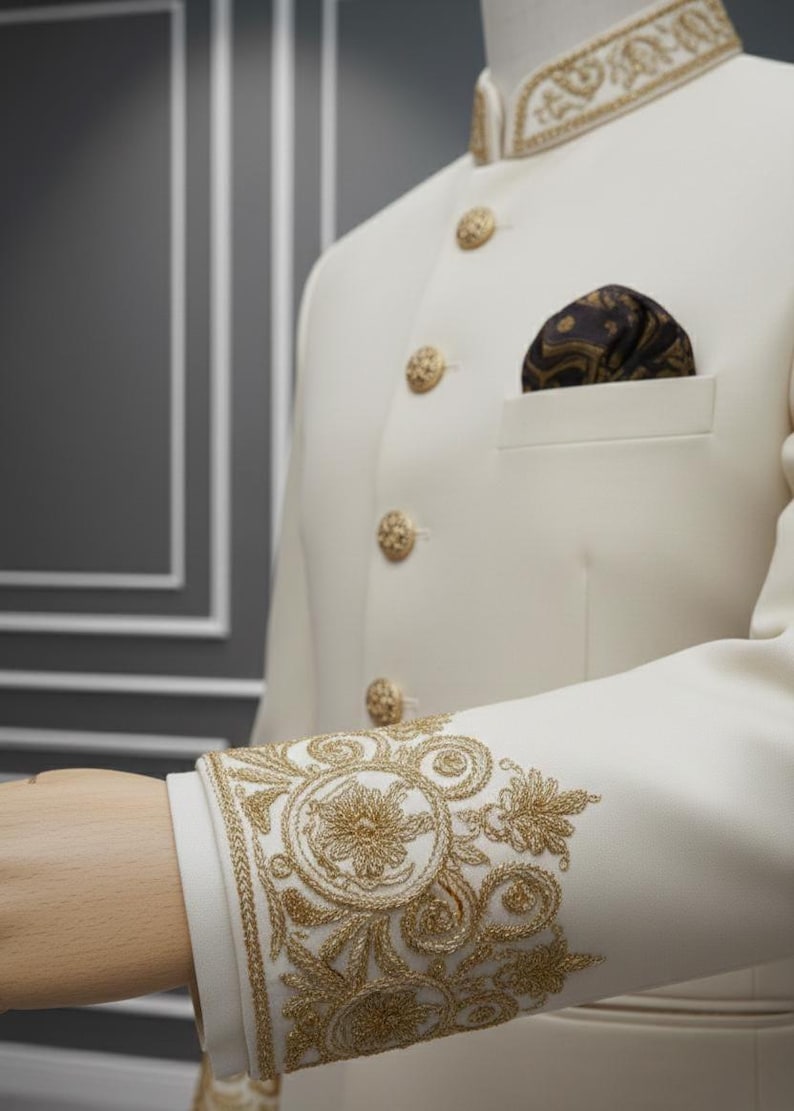 May include: Cream-coloured formal jacket with gold embroidery. The jacket has a mandarin collar, gold buttons, and a pocket square. The sleeve cuffs are intricately embroidered with floral and scroll patterns. A classic and elegant garment.