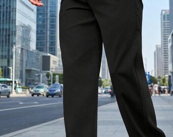 Men's Black Pleated Trousers, Relaxed Fit Straight Leg Pants, Smart Casual Slacks, Minimalist Urban Streetwear Bottoms