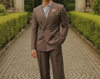 Men's Tailored Brown Pinstripe Suit, Custom Two-Piece Formal Tuxedo Wedding, Bespoke Office Wear, Luxury Menswear For Men's GIft For Him