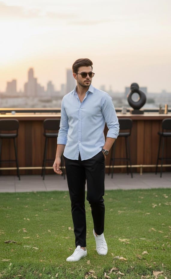 black dress pants light blue shirt Men's Pant & – Smart Casual Outfit, Modern Office Wear, Tailored Two Piece Set for Work - Party | Perfect Gift for Him white t shirt stickers:bb_exclusive Kaia Gerber: Silver Dress, Color:Slate Grey