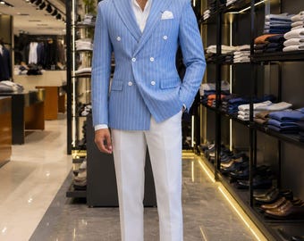 Double Breasted Blazer, White Trousers Outfit, Sky Blue Pinstripe Suit for Men, Wedding Guest Suit Groom Reception Attire Modern Formal Wear