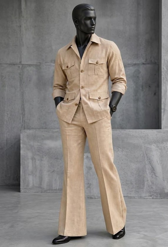 Luxury Beige Linen Safari Suit for Men, Retro Wide Leg Trousers Set, Vintage Summer Wedding Outfit, Tailored Casual Menswear | Gift for Him