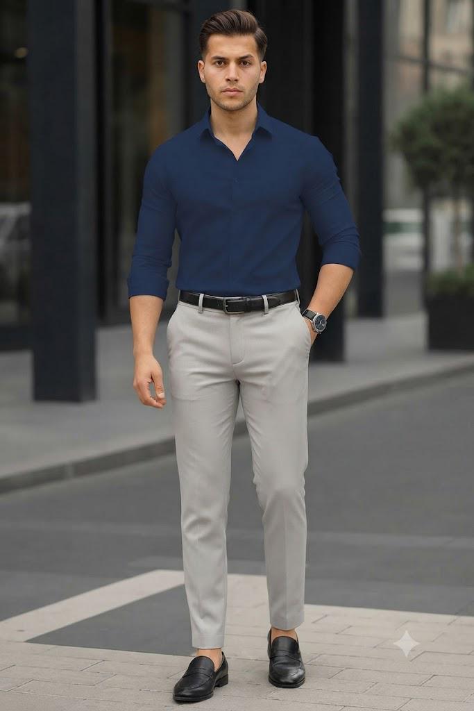 navy blue dress shirt grey pants Buy Heather Navy Pique Long Sleeve Polo Shirt for Short Men