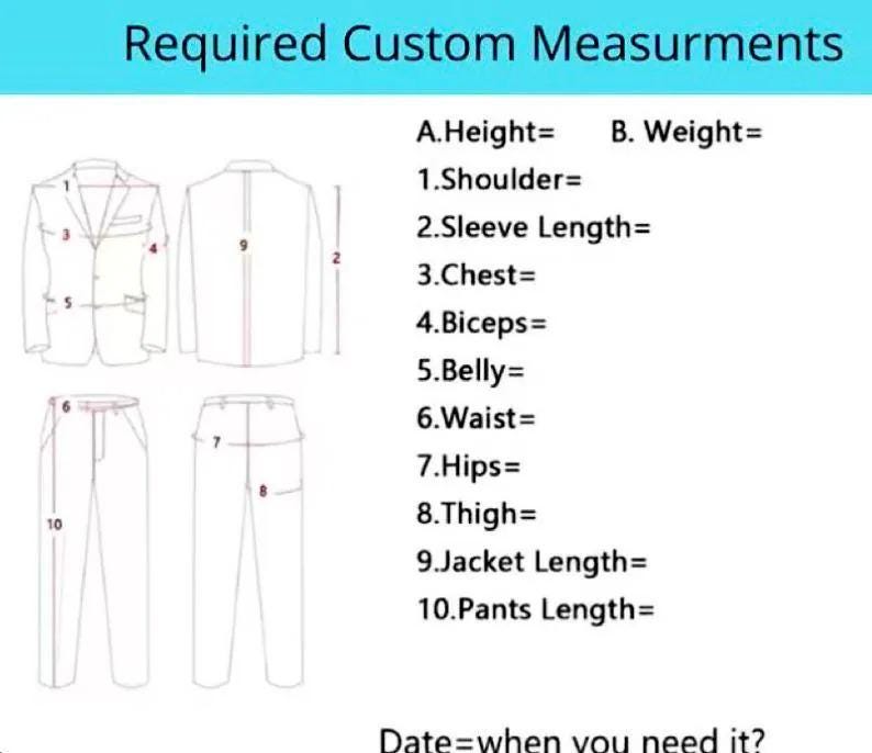 May include: Diagram showing required custom measurements for a suit, including height, weight, shoulder, sleeve length, chest, biceps, belly, waist, hips, thigh, jacket length, and pants length. Text reads "Required Custom Measurements."