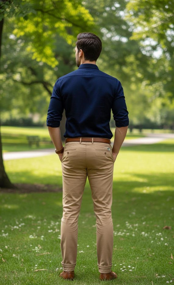 Men's Navy Blue Shirt & Beige Pants Outfit | Smart Casual Summer Look | Formal Casual Men Wear | Office Party Outfit | Perfect Gift for Him