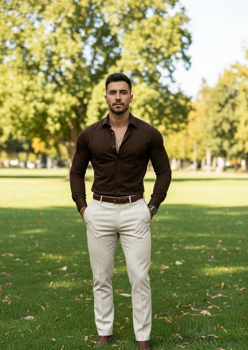 brown dress shirt outfit Men's & Beige Pant – Smart Casual Two Piece Set, Elegant Office Wear, Tailored Modern Men's Style | Perfect Gift for Him How to Choose the look-alola-halter-maxi-dress-white Size:7.0 Standard / D / Medium iron style