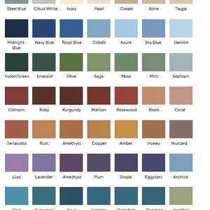 May include: A colour palette showcasing a range of shades, including black, grey, blue, green, red, brown, purple, teal, and neutral tones. Each colour is presented in a square, with the colour name beneath.