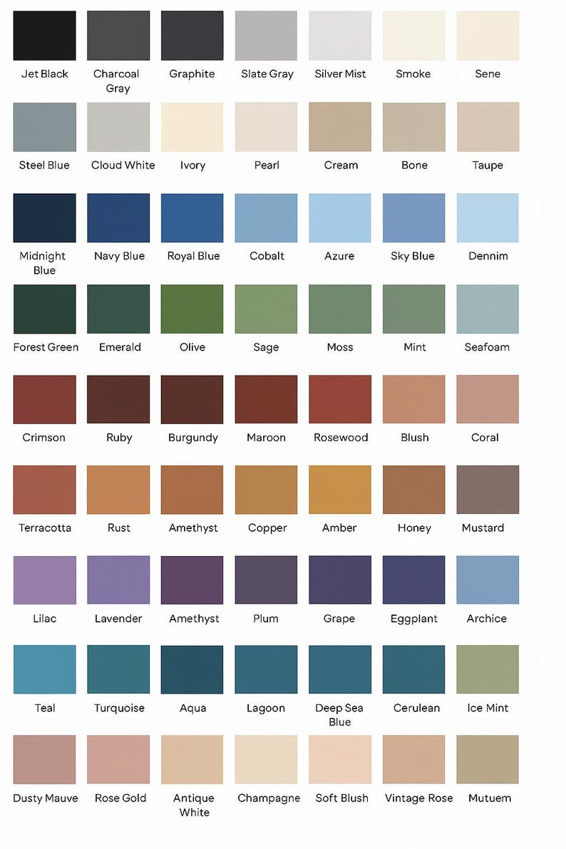 May include: A colour palette showcasing a range of shades, including black, grey, blue, green, red, brown, purple, teal, and neutral tones. Each colour is presented in a square, with the colour name beneath.