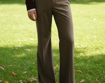 Men’s Brown Pleated Trousers – Relaxed Fit Straight Leg Pants, Tailored Smart Casual Slacks, Vintage Minimal Office Streetwear, Gift For Him