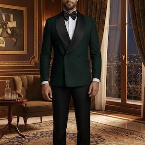 May include: A formal dark green tuxedo jacket with black lapels, paired with black trousers and a white dress shirt. The ensemble includes a black bow tie. The outfit is suitable for special occasions.