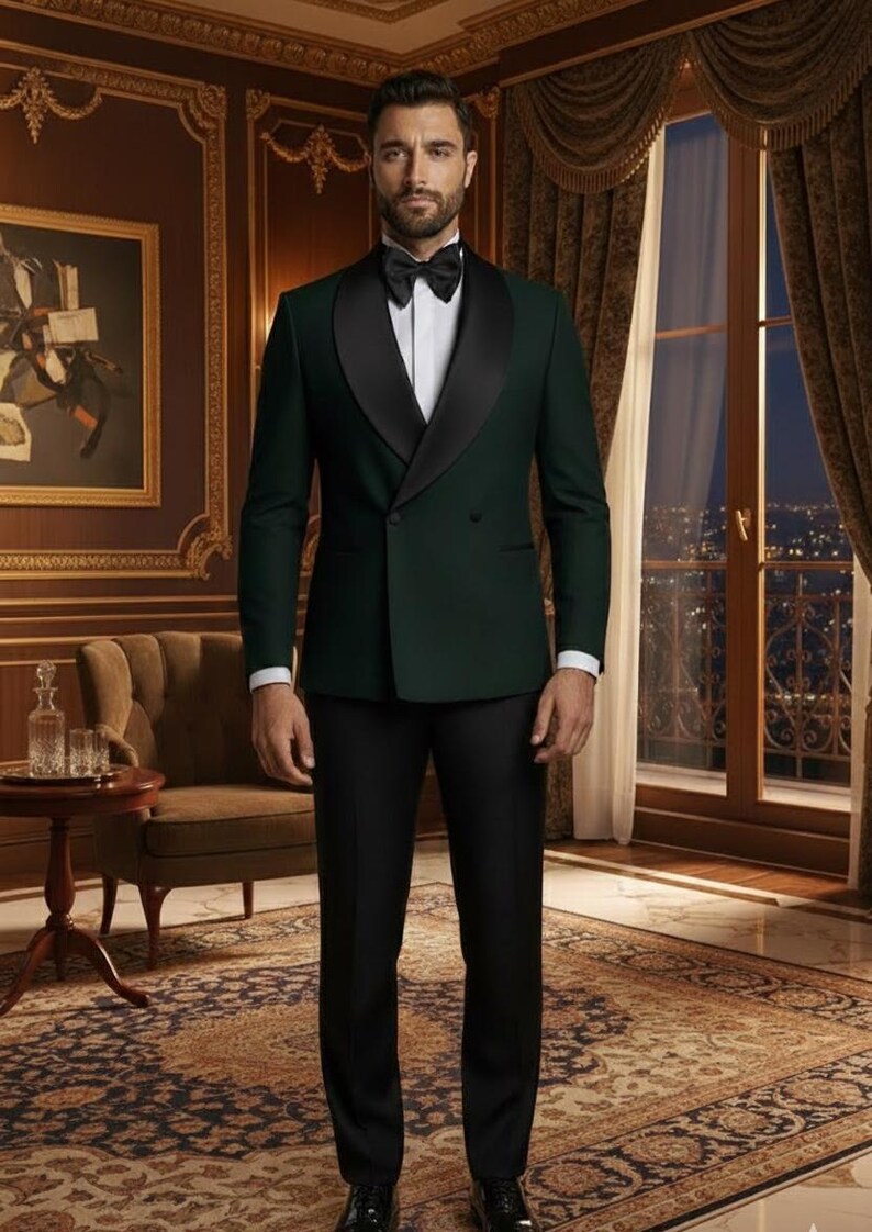 May include: A formal dark green tuxedo jacket with black lapels, paired with black trousers and a white dress shirt. The ensemble includes a black bow tie. The outfit is suitable for special occasions.