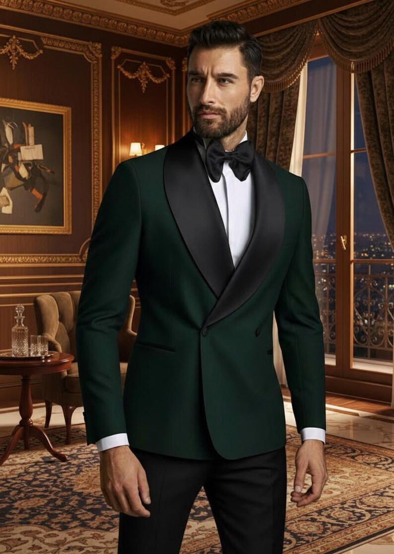 May include: A dark green tuxedo jacket with a black satin lapel, paired with a white dress shirt and black bow tie. The formal wear ensemble is completed with black trousers. The setting is an elegant room with a painting and a window.