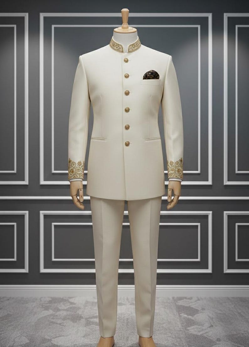 May include: Cream-coloured suit with a mandarin collar and gold embroidered detailing. The suit includes a tailored jacket with gold buttons and a pocket square, plus matching trousers. The sleeves and collar have detailed gold embroidery. A formal outfit.