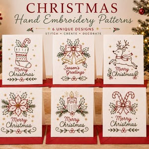 May include: Six white cards featuring Christmas hand embroidery patterns including a stocking, bells, a reindeer, a poinsettia, a candle, and candy canes. The text reads CHRISTMAS Hand Embroidery Patterns, 6 UNIQUE DESIGNS, STITCH, CREATE, DECORATE.