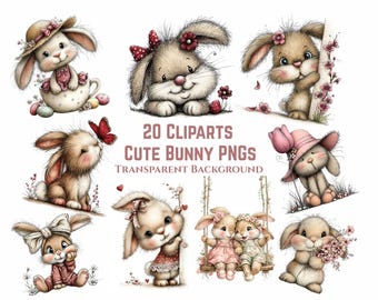 Bunny Clipart Bundle | Easter Bunny PNG | Cute Baby Bunny Clipart | Watercolor Bunny PNG | 20 Spring Clipart | Instant Download