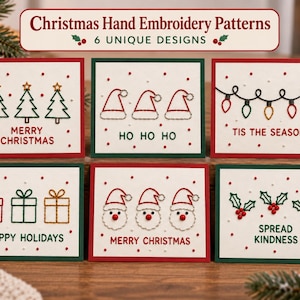 May include: Six rectangular cards featuring Christmas hand embroidery patterns. Designs include Christmas trees, Santa hats, string lights, gift boxes, Santa faces, and holly berries with text: Merry Christmas, Ho Ho Ho, Tis The Season, Happy Holidays, and Spread Kindness.