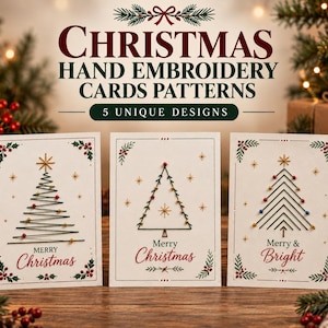 Può includere: Tre biglietti d'auguri rettangolari bianchi con disegni di alberi di Natale ricamati a mano. I biglietti riportano il testo "CHRISTMAS HAND EMBROIDERY CARDS PATTERNS 5 UNIQUE DESIGNS", "MERRY Christmas", "Merry Christmas" e "Merry & Bright".