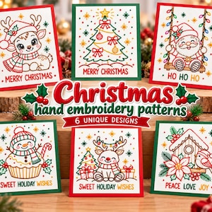 Puede incluir: Seis tarjetas cuadradas con patrones de bordado a mano navideños. Los diseños incluyen un reno, un árbol decorado, Santa en un columpio, un cupcake de muñeco de nieve, un reno con regalos y una pajarera con una flor de pascua, con texto.