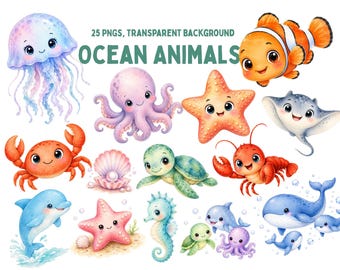 Ocean Animals Clipart Bundle | Cute Sea Animals PNG | Watercolor Ocean Clipart | Under the Sea Clipart | 25 PNG Files