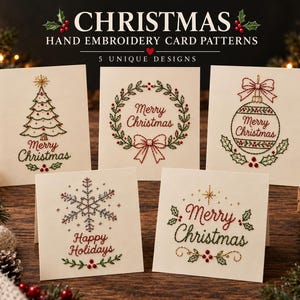 May include: Five off-white greeting cards featuring hand embroidery designs of a Christmas tree, a wreath, an ornament, a snowflake, and holly. Each card displays the text Merry Christmas or Happy Holidays in red and green stitched lettering.