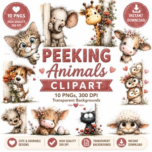 Watercolor Peeking Animals Clipart | Cute Animal PNG Bundle | Peekaboo Animals PNG | Nursery Clipart | Sublimation PNG | Commercial Use
