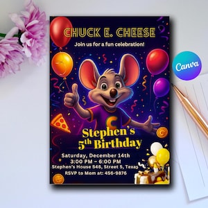 Invitación de cumpleaños de Chuck E Cheese / Invitación para fiesta de arcade / Tema de pizza para niños / Plantilla editable de Canva / Descarga instantánea