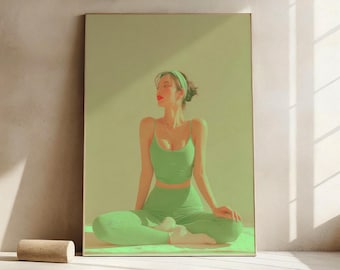May include: A framed print featuring a person in a green sports bra, leggings, and headband, seated in a yoga pose. The image has a soft, warm color palette, with natural light and shadows. The person is in a relaxed position.