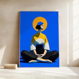 Modern meditationskonst, minimalistisk kvinna i lotusställning med gyllene gloria (digital nedladdning)