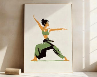 May include: A framed art print featuring a person in a yoga pose. The person is wearing a green sports bra and loose green pants. The artwork has a minimalist style with a neutral background and a wooden frame.