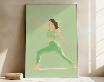 May include: An illustration of a person in a yoga pose, wearing a green sports bra and leggings. The artwork is set against a light green background, with the person's arms extended. The style is soft and artistic, suitable for a yoga studio or wellness space.