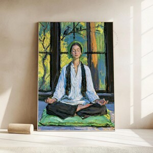 May include: An oil painting depicting a person with eyes closed in a meditative pose, wearing a white long-sleeved shirt and black trousers. The figure sits on a green cushion before a large window with a view of trees and a bird perched on a branch.