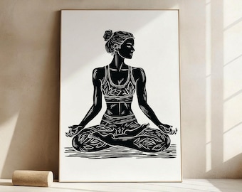 Impression de pose de yoga linogravure : art de la méditation en noir et blanc (téléchargement numérique)