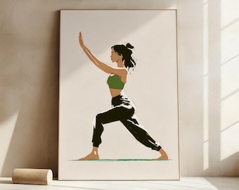 May include: Illustration of a woman in a yoga pose, wearing a green sports bra and black pants. The artwork is set against a neutral background, with a minimalist aesthetic. The woman's arms are raised, and she is in a warrior pose.