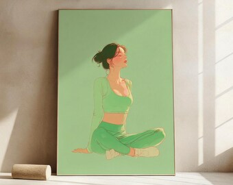 May include: An illustration of a person in a green athletic outfit, seated with legs crossed. The artwork features a light green background and a serene pose, suggesting a yoga or meditation theme. The person is wearing a long-sleeved crop top and matching pants.