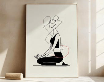 Yoga Wall Art Digital Download | Minimalist Line Art Female Meditation Illustration, Black & White