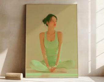 May include: A framed print featuring a woman in a light green athletic outfit, seated in a cross-legged position. The outfit includes a tank top and matching leggings. The background is a soft, neutral color.