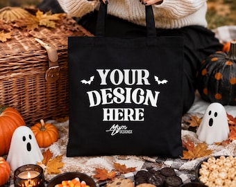 Halloween Black Cotton Canvas Tote Bag Mockup Cozy Picnic Ghost