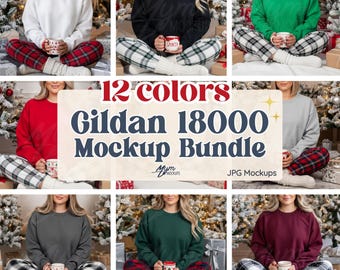 Gildan 18000 Christmas Mockup Bundle Sweatshirt Crewneck Mock up 12 Pack Holiday Theme Lifestyle